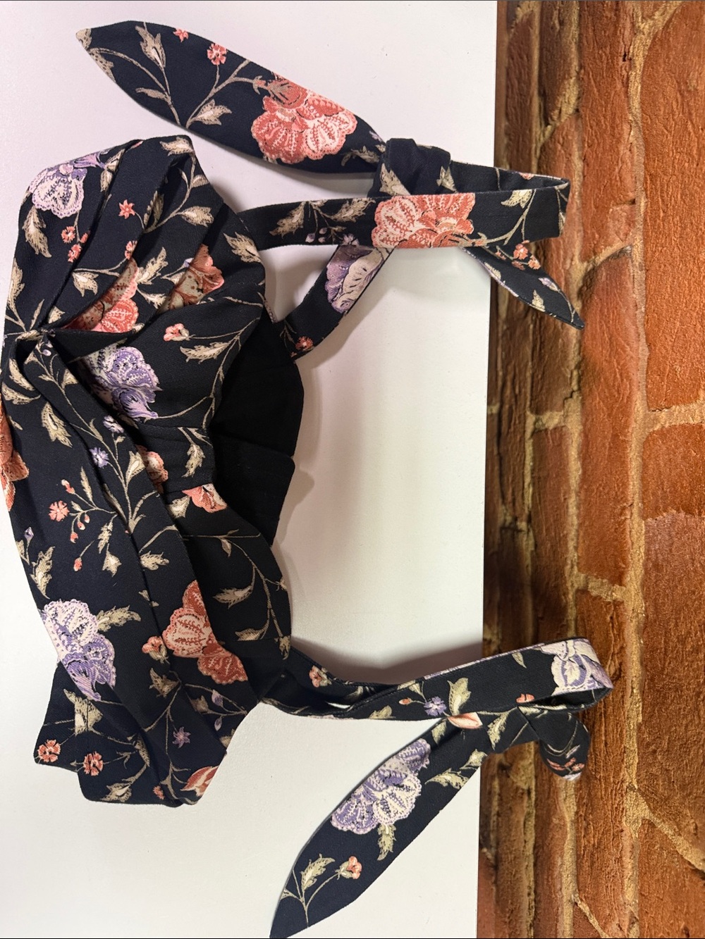 Tularosa Black Floral Tie-Front Crop Top with Pink & Lavender Blooms